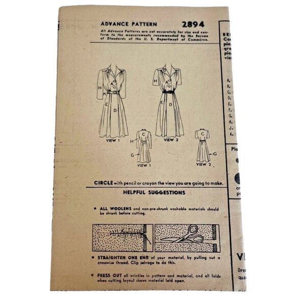40s Advance Sewing Pattern 2894 Shirtwaist Dress Size 12 Bust 30" Bust Unprinted - Picture 4 of 7